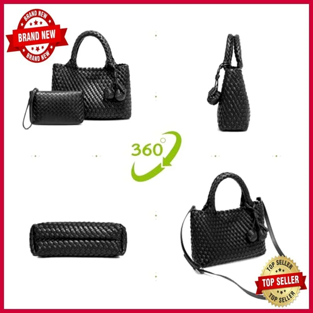Leather Woven Tote Bag with Clutch, Adjustable Strap, Hobo Style